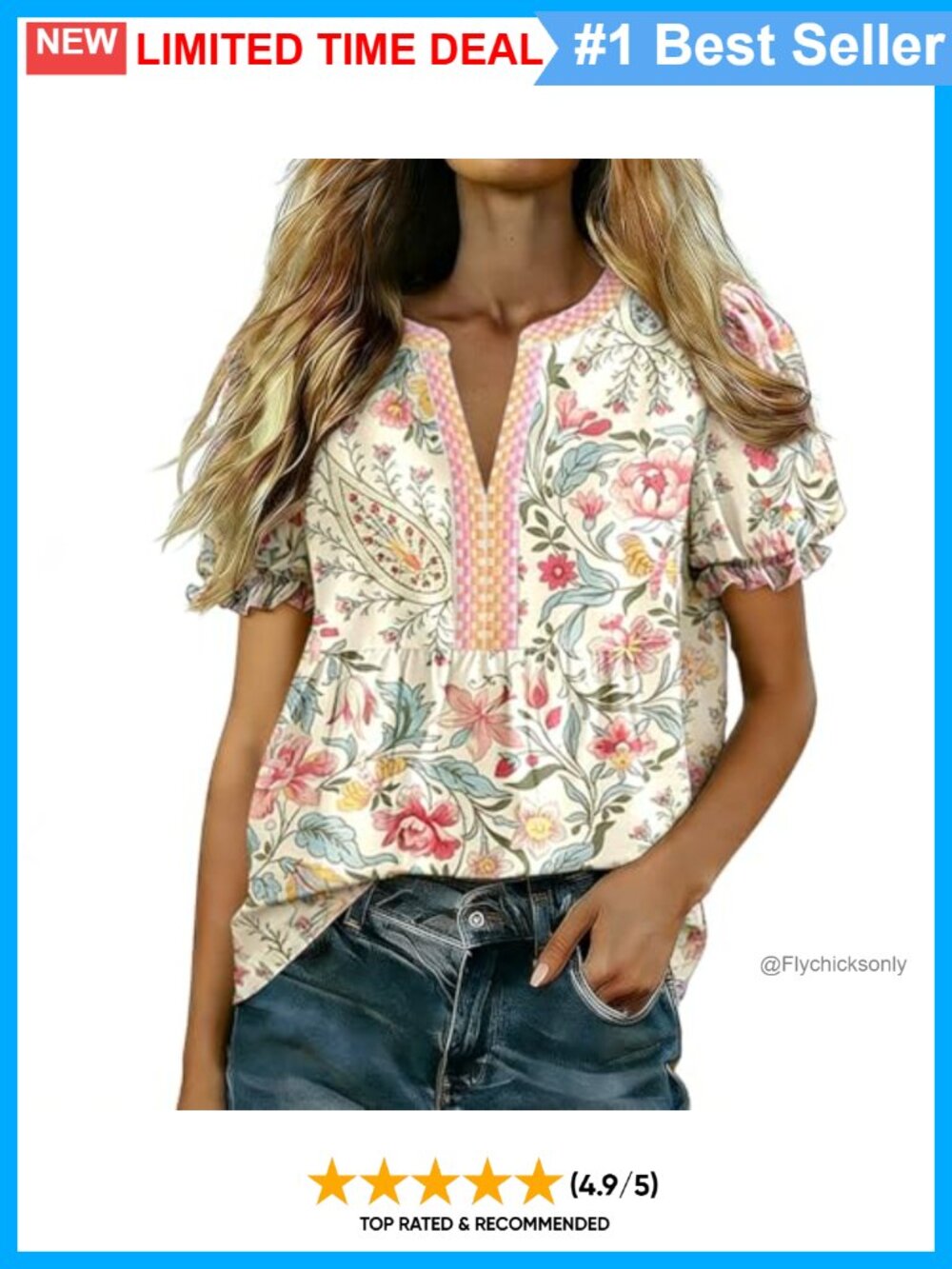 Vintage Floral Paisley Puff Sleeve V-Neck Blouse